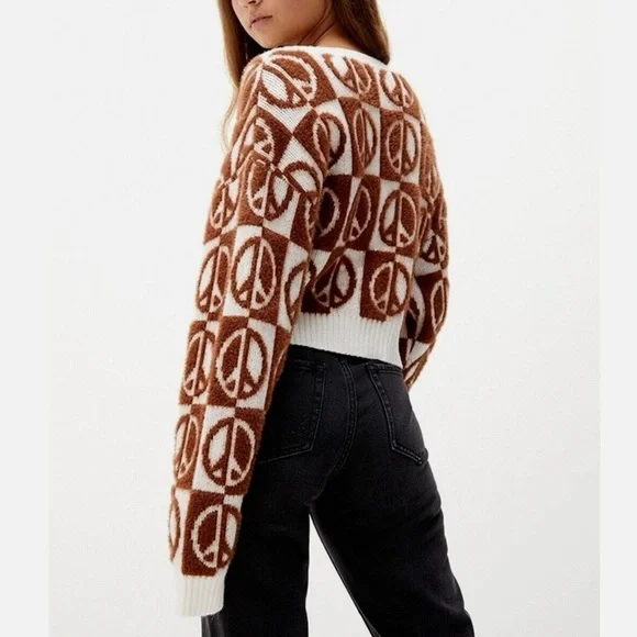 NEW peace sign cardigan by LA Hearts from Pacsun brown & cream very soft xs - Picture 3 of 11